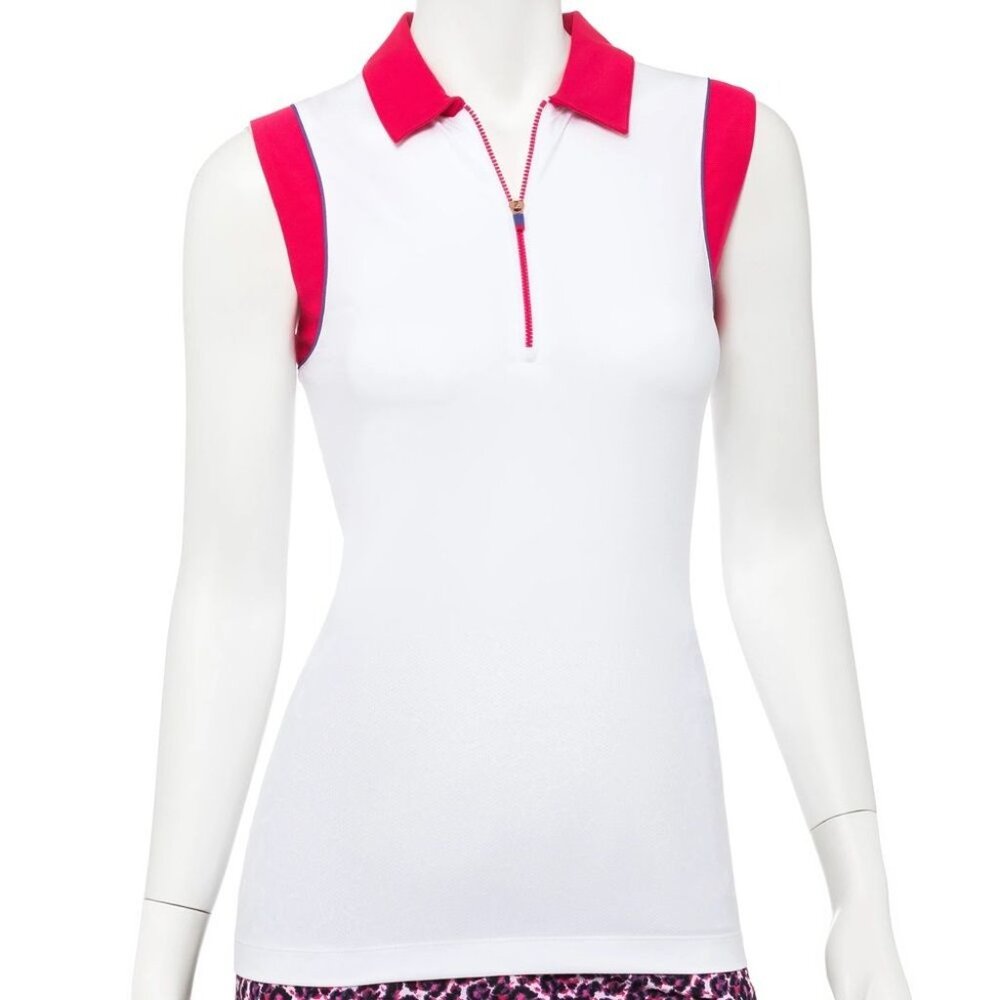 EP Pro Sleeveless White & Pink Women's Golf Polo Shirt With Zip Collar - LG